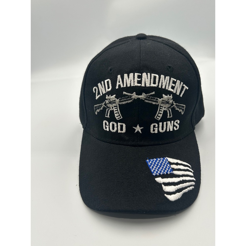 2nd Amendment God Guns Baseball Hat Black Embroidered Blue Line Flag Cap - Picture 2 of 4